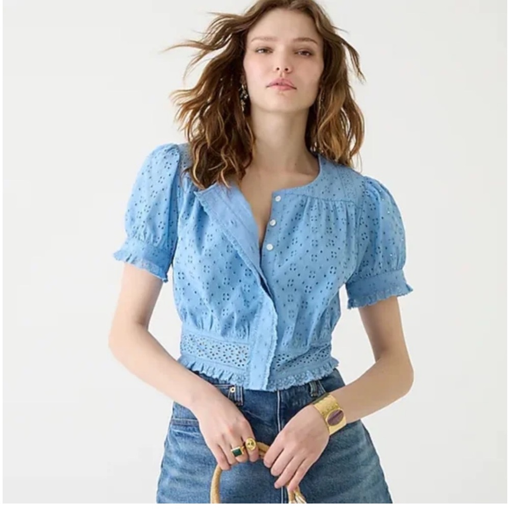 J. Crew Hydrangea color Eyelet Puff Sleeve Blouse